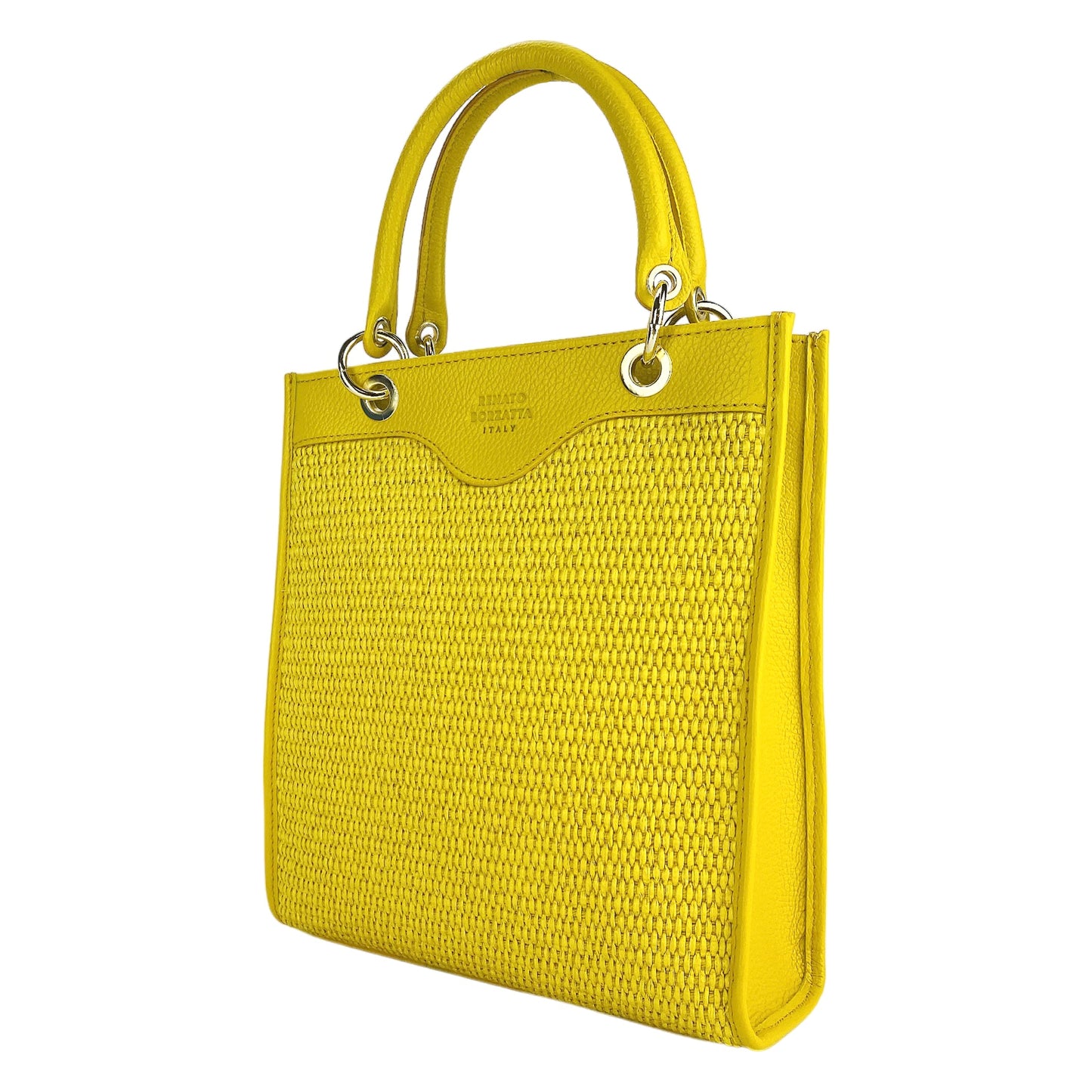 RB1026R | Women's upright hand bag in Genuine Leather and Straw Made in Italy. Removable and adjustable leather shoulder strap. Shiny Gold accessories - Yellow color - Dimensions: cm 24 x 29 x 9-0