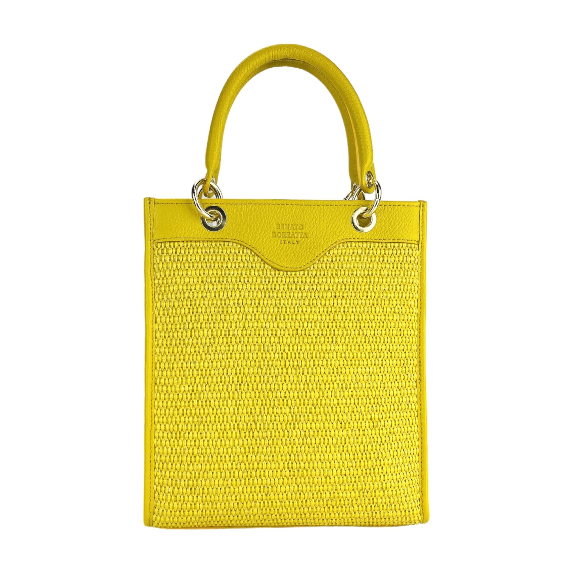 RB1026R | Women's upright hand bag in Genuine Leather and Straw Made in Italy. Removable and adjustable leather shoulder strap. Shiny Gold accessories - Yellow color - Dimensions: cm 24 x 29 x 9-1