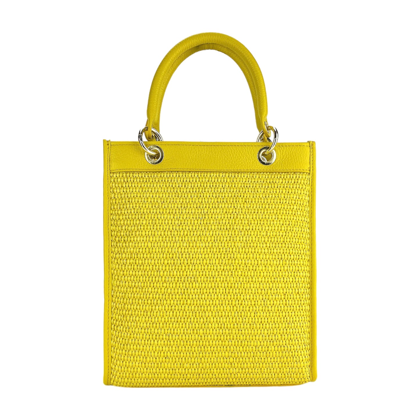 RB1026R | Women's upright hand bag in Genuine Leather and Straw Made in Italy. Removable and adjustable leather shoulder strap. Shiny Gold accessories - Yellow color - Dimensions: cm 24 x 29 x 9-4